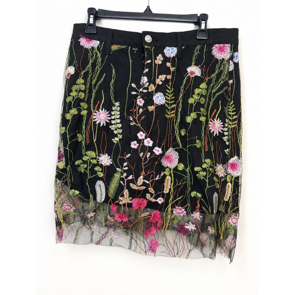 Blue Desire Size 12 Black Floral Embroidered Mesh Pencil Skirt Cottagecore